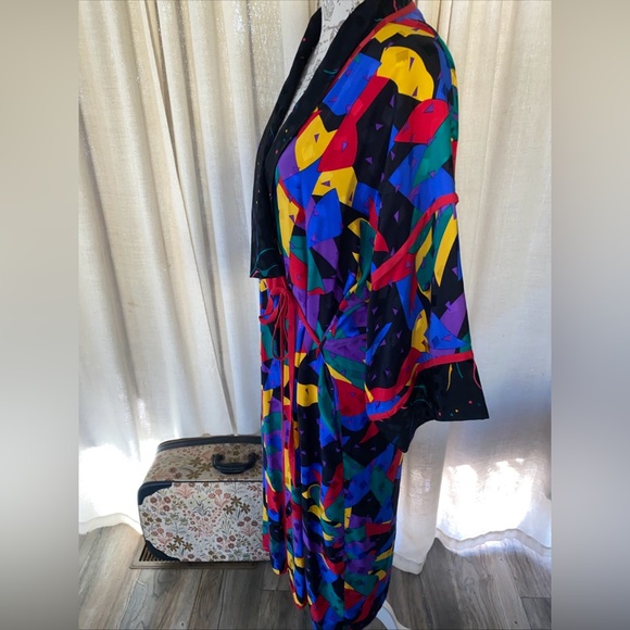 Vintage 80s 90s Emporium Capwell California Geometric Robe 100% Silk Women’s M - Picture 3 of 12